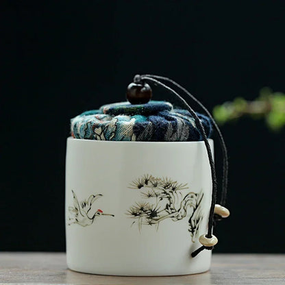 Hand-Painted Ceramic Tea Caddy with Fabric Lid – Portable Sealed Jar
