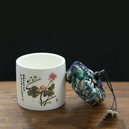 Hand-Painted Ceramic Tea Caddy with Fabric Lid – Portable Sealed Jar