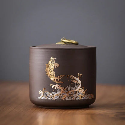 Gold Koi Ceramic Tea Caddy – Dark Sealed Storage Jar
