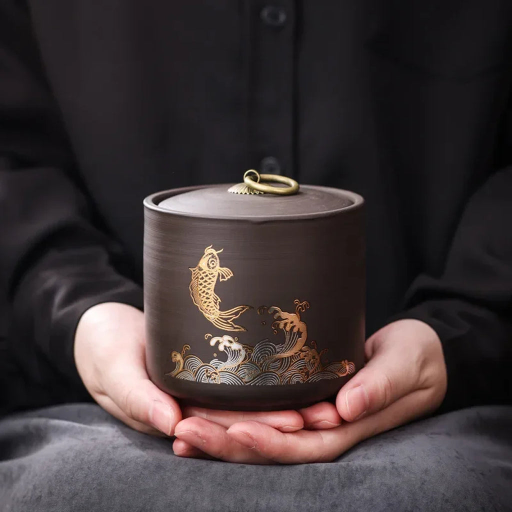 Gold Koi Ceramic Tea Caddy – Dark Sealed Storage Jar