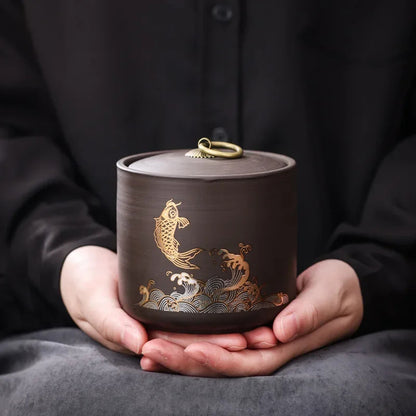 Gold Koi Ceramic Tea Caddy – Dark Sealed Storage Jar