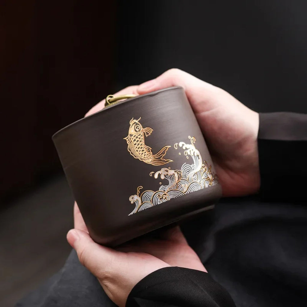 Gold Koi Ceramic Tea Caddy – Dark Sealed Storage Jar
