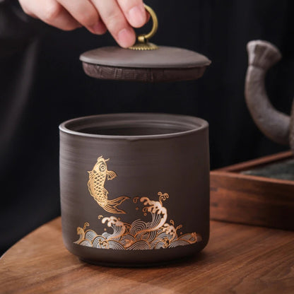 Gold Koi Ceramic Tea Caddy – Dark Sealed Storage Jar