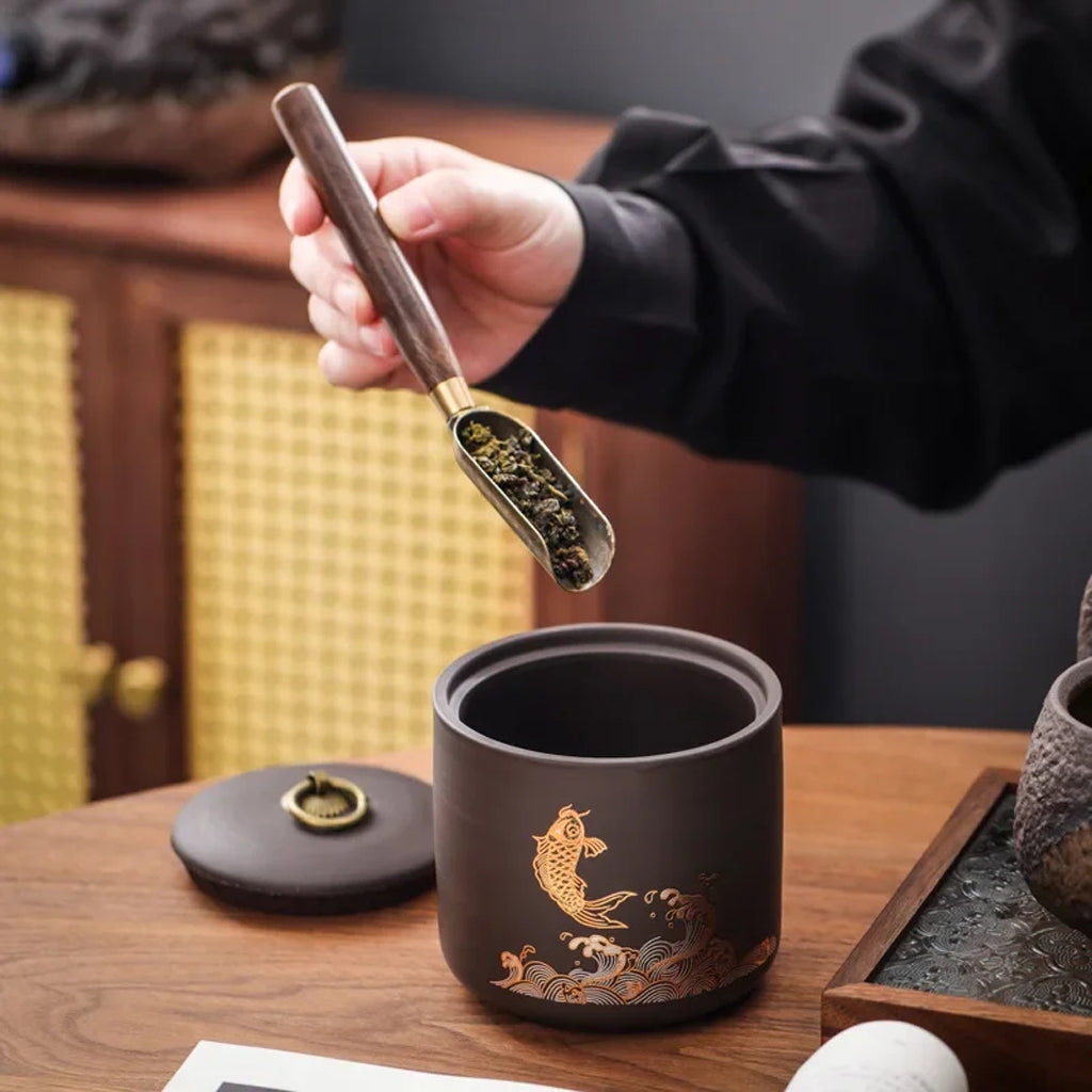 Gold Koi Ceramic Tea Caddy – Dark Sealed Storage Jar