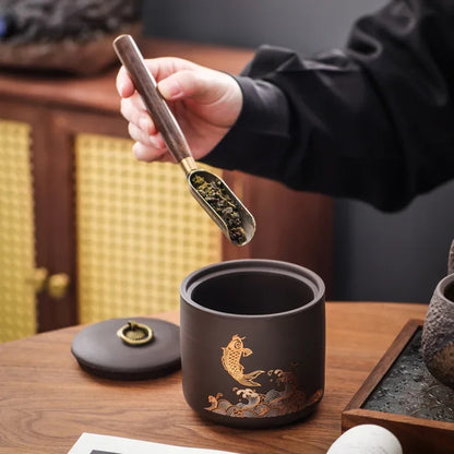 Gold Koi Ceramic Tea Caddy – Dark Sealed Storage Jar