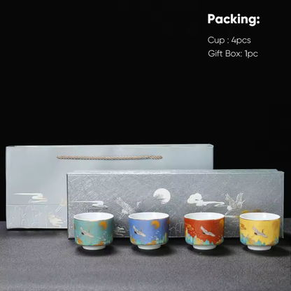 Tea Harmony Color Crane Porcelain Mug Set in Gift Box (4 pcs)
