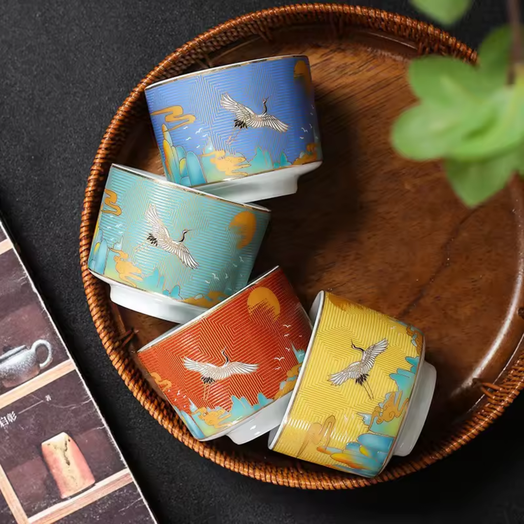 Tea Harmony Color Crane Porcelain Mug Set in Gift Box (4 pcs)